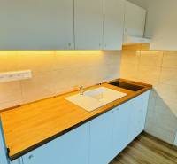 A kitchen unit with a white cabinet and a wood-patterned floor in a studio apartment.