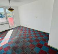 A room in a one-bedroom apartment with a colorful floor and large windows, overlooking nature.