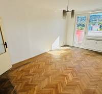 A room with a wooden decor floor in a studio apartment, large window, door with glazing.