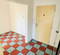 A hallway in a one-room apartment with colorful tiles and light walls.