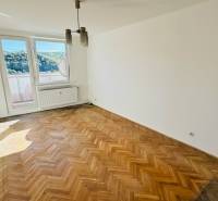 A one-room apartment with a large window and a wooden decor floor.