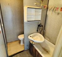 A bathroom in a studio apartment with a bathtub, sink, and separate toilet.