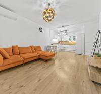 Living room in a two-room apartment with an orange sofa and a wooden decor floor.
