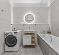 Bathroom with a washing machine, sink, and bathtub, 2-room apartment.