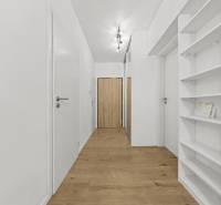 Hallway of a 2-room apartment with a wooden decor floor and white walls.