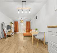 Living room in a 2-room apartment with a wooden decor floor and orange furniture.