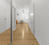 A clear hallway in a 2-room apartment with a wood-patterned floor and a built-in wardrobe.