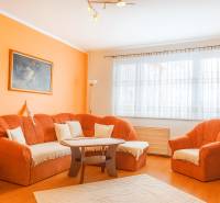 Living room with an orange sofa, wooden decor flooring, 2-room apartment.