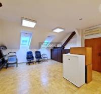 Offices with wood-patterned flooring, chairs, and windows in an attic room.