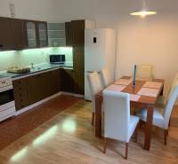 A kitchen in a 2-room apartment with a table, wooden cabinets, and a floor with a wood decor.