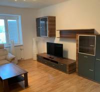 Living room in a two-room apartment with a wooden decor floor and a comfortable sofa.