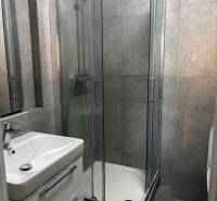 Bathroom with a shower and a sink in a 2-room apartment with gray tiles.
