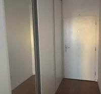 A hallway in a 2-room apartment with a large wardrobe and a floor with a wooden decor.