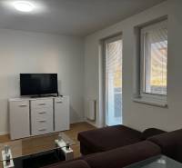 Living room in a two-room apartment with a sofa, television, and wooden decor flooring.