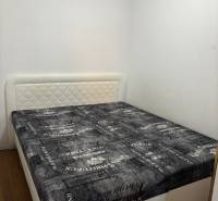 Bedroom in a 2-room apartment with a bed, light walls, and a floor with a wood decor.