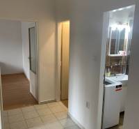 A hallway with entrances to the bathroom and a room in a 2-room apartment, tiled floor.