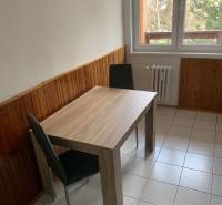 Dining area in a 2-room apartment with wooden paneling and tiles.