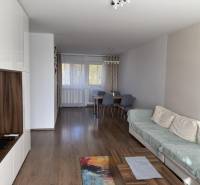 Living room in a 4-room apartment with a wood-decor floor and a dining table.