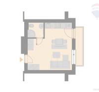 Studio apartment floor plan with bathroom and kitchenette.