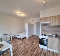 Studio apartment with a kitchenette, an armchair, and a wooden decor floor.