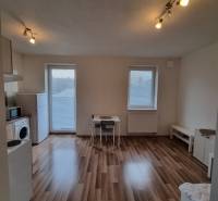 A studio apartment with a wood-patterned floor, a table, and appliances.