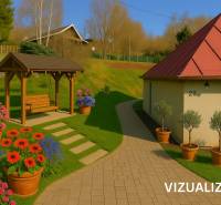 A family house in Štiavnické Bane with a wooden bench, flowers, and green shrubs in the garden.