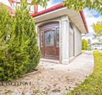 A family house in Bátorove Kosihy with glazed doors and ornamental conifers.