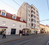 Obchodná Street, Bratislava - Old Town, surroundings of 3-room apartments, tram tracks, buildings.