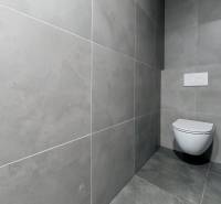 Bathroom in a 3-room apartment with ceramic tiles and a suspended toilet.