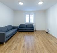 Living room in a 3-room apartment with a sofa and a wooden decor floor.