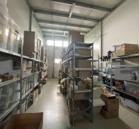 Warehouse shelves full of boxes and plastic containers in commercial premises.