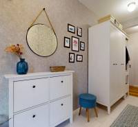 A hallway in a family house with a mirror, decorations, and storage space.