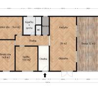 Floor plan of a family house with two children's rooms, a bedroom, a kitchen, a living room, and a terrace.