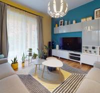 Living room in a family house with colorful walls, wood-patterned flooring, and houseplants.