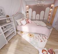 Children's room in a family house with pink elements and a wooden decor floor.