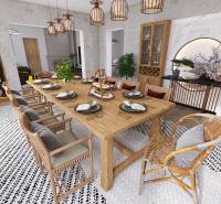 Dining room in a family house with a wooden table, decorative cabinets, and a floor with a wooden decor.