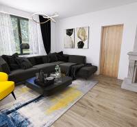 Modern living room in a family house with a fireplace, a sofa, and a wooden decor floor.