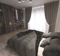 A bedroom in a family house with dark furniture, a wood-patterned floor, and curtains.