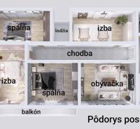 Floor plan of a family house with rooms, a hallway, and a living room, flooring with a wooden decor.