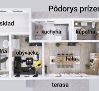 Ground floor plan of a family house with a kitchen, living room, storage room, and bathroom.