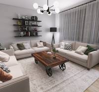 Living room with beige sofas, a wooden coffee table on wheels, and a floor with a wooden decor.