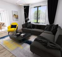 Living room in a family house with a sofa, yellow armchair, and dining table, wooden decor flooring.