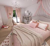 A children's room with pink curtains, a canopy, and a teepee in a family house.