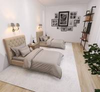 A bedroom in a family house with two beds, paintings, and a floor with a wooden decor.