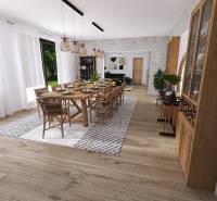 Dining area in a family house with a wooden decor floor and a large window.