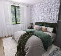 Bedroom in a family house with a bed, wallpaper, and a wooden decor floor.