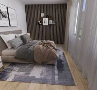 Bedroom in a family house with decorative paneling, a bed, and a floor with a wooden decor.