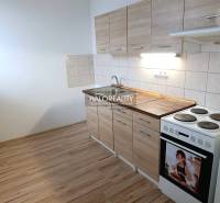 A kitchen in a studio apartment with a wood-patterned floor and an electric stove.