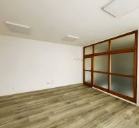 Commercial spaces with white walls and wood-patterned flooring, glass doors.