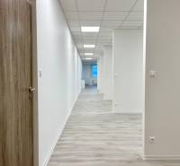 A hallway in an office with white walls, lights, and a wooden decor floor.